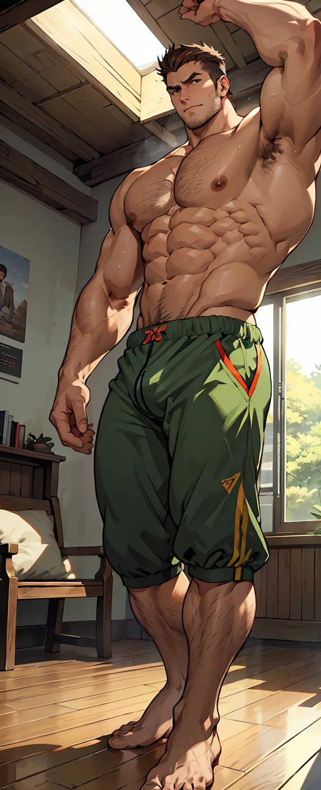 (shoeless),(shoeless),(Arms akimbo),(Legs covered with long, thick leg hair),Super big feet,(Whole body),(Long leg hair),( With a green tattoo on his shoulder),(body hair thick),(He was wearing shorts which showed his long, muscular, hairy legs),(The genital organs are extremely prominent),(Very large genitalia),The background in an interior with vintage furniture and vintage wooden floor surroundinacropodia),(Side to audience) ,(Put his hands at his waist), (eyes looking at audience) ,(There a huge protuberance across the part),Side Body,Sharp eyes,(Thick dark brown hair on crotch),(Bottom-up view),Shoulders very broad,Muscles protrude a lot,Bulging crotch,(Long legs),Highest image quality,Anime ,anime wallpaper,Dilation of the pectoral muscles,Espalhe as pernas,sexy,(master part, best quality),((Exaggerated bulge of muscles)),The protagonist very tall and his head almost reaches the ceiling,Lush woods outside the window,musclebound and hulking, muscular characters, super buff and cool, tall and muscular, muscular!!, very buff, muscular attractive men, massive muscles, big muscle, Muscular men, anime handsome men, muscular!, gigachad muscles, muscular bodies, muscular character,