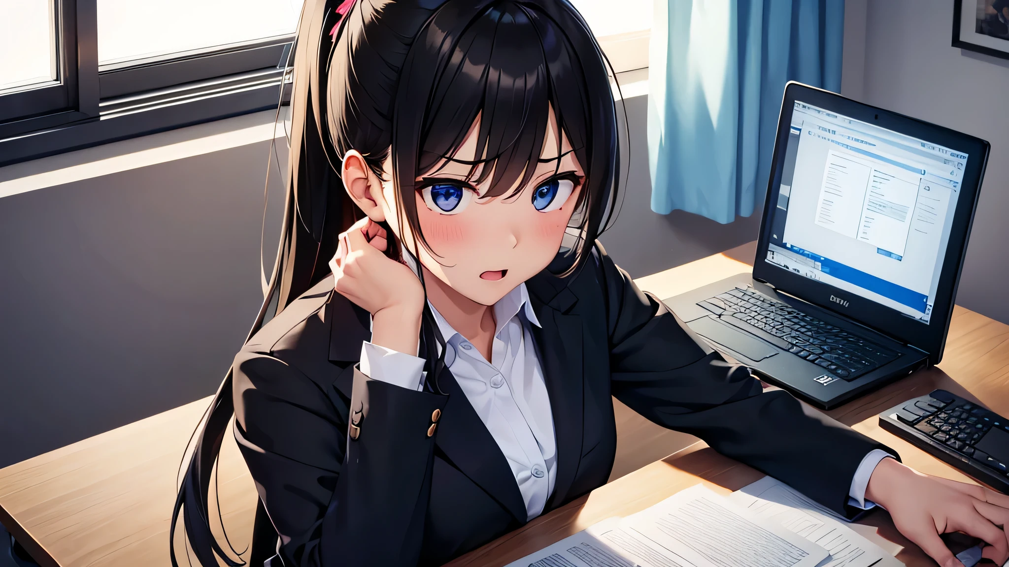 (8K, RAW photo:1.2),detailed face and eyes,最high quality, ultra high resolution, very detailed ,intricate details ,inside the office ,pretty girl , soft light like a movie, hyper detail,sharp focus, high quality,suit,Shirt Formal,ponytail,black hair,Salt compatible,blushing face,high angle,business suit,I was irritated,whole body,anger,unpleasant,one girl,The computer is on the desk,sitting,Working on a computer