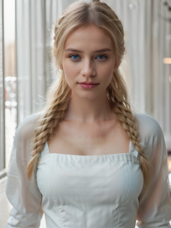 professional full body photo, (4k photo:1.1), (Sharp focus:1, Great lightning, high detail, blond hair, confident, perfectfit girl, lean girl, L breasts:1.6, perfect anatomy, perfect symmetry:1.2, realistic, realistic face:1.2, perfect face, happy, confident, highly detailed, and dramatic, cinematic lighting, bright scene, soft lights, light blue eyes, hyperrealist, photorealistic, masterpiece, full body, in coffee shop, Long sleeve Backless White Dress, Braid, Back to camera, turned away from camera