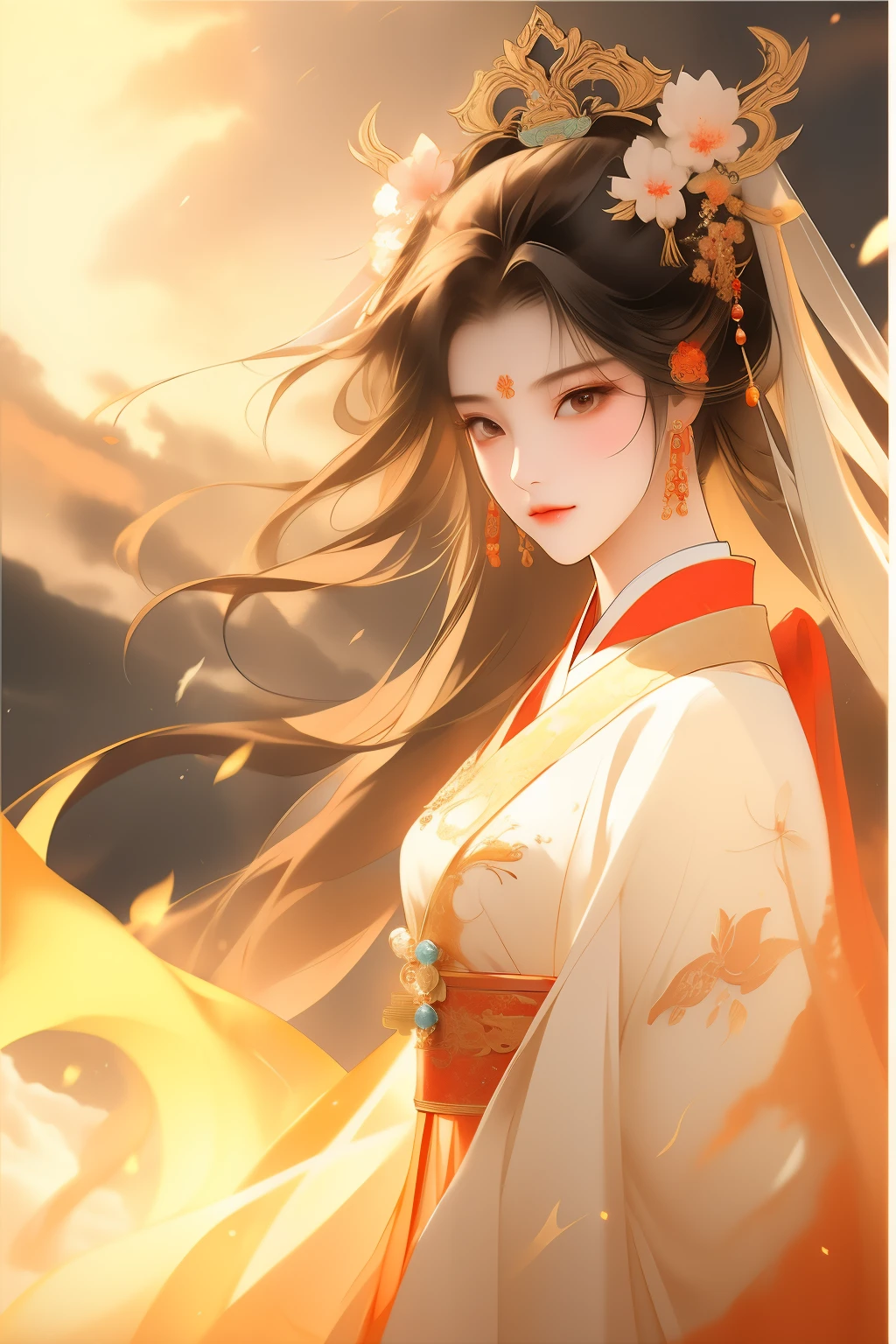 身着红色和金色Hanfu的亚洲女性, Hanfu，hanfu, Chinese style, palace ，穿Hanfu的女孩,, Beautiful rendering of the Tang Dynasty, Chinese beautiful woman, wearing chinese clothes, 复杂华丽的Long silk dress，4k highly detailed digital art, Ethereal stills，hanfu, Queen of China, jingna zhang, palace ， station，Chinese Mythology Art，Mountain and sea sutra style，Ink painting blooming，watercolor illustration，Western style woman，beautiful facial features，长长的black hair，Long silk dress，double bun hair，Gilt jewelry decoration，black hair，hair accessories，Super gorgeous details，Warm color aesthetic light source，Burnt blue jade beads，Clouds，ribbon，ribbon，Xuan Chuang，Light painting rendering，blurry and mottled，HD，16k，best quality