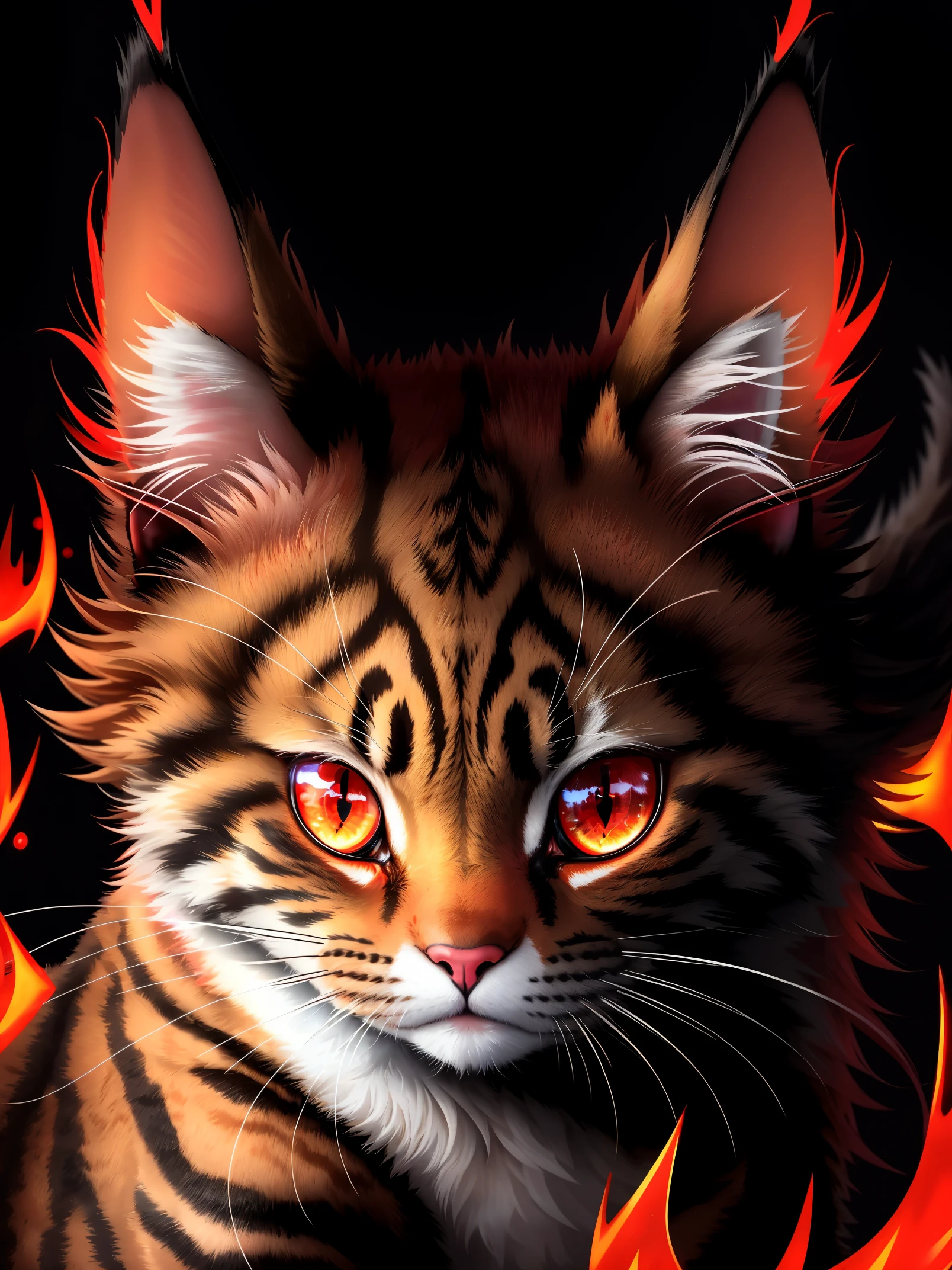 a close up of a cat with glowing eyes and red flames, demon cat, with red glowing eyes, with glowing red eyes, red glowing eyes, glowing red eyes, cat - like scarlet eyes, red eyes glowing, fully red eyes, sharp red eyes, red fire eyes, glowing fiery red eyes, the dark god of cats, with red eyes, bright red eyes