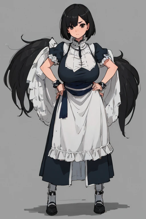 1 girl, ((masterpiece, side light, beautiful eyes: 1.2), Super detailed, ultra high resolution, professional lighting, high quality make up, beautiful detailed eyes), (highest quality:0.8), perfect anime illustrinion, beautiful, flin color background, simple background, whole body , looking for_in_viewer, 一人in, (whole body:1.5), (black hair:1.3), dark brown eyes, (big breasts:1.2), 一人in,Wasachiri, Huasachina, sash, puffy dress, dress, Puffy short sleeves, pantyhose, black shoes, Floral, print dress, put your hands on your hips, handkerchief,tof, (asymmetrical bob cut:1.1),(low length:1.1),(Chubby:1.2),(おinこ:1.2),(boobs for days:1.2),(huge boobs:1.2),(short legs)