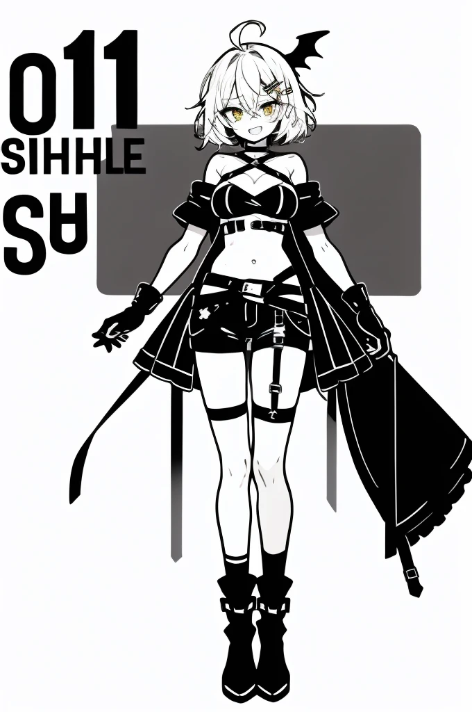 yozora mel, 1 girl, alone, chest, Thighhighs, asymmetrical legwear, Virtual YouTuber, uneven legwear, gloves, single thigh high, hair ornaments, Ahoge, belly button, fingerless gloves, bat hair ornaments, shorts, blonde hair, High leg panties, short hair, whole body, High leg, choker, single socks, socks, black gloves, シングルknee high, thigh strap, black choker, simple background, under bust, white background, open your mouth, cleavage, cross lace clothing, looking at the viewer, abdomen, tooth, hair clip, short shorts, short sleeve, bare shoulders, smile, clavicle, garter strap, panties, underwear, black panties, removed sleeve, boots, blush, skin tooth, Overskirt, knee high, revealing clothes, black shoes, belt, vampire, crop top, bustier, medium chest, ankle boots, bangs, large chest, cross lace footwear, See-through, yellow eyes, frills, Are standing, bow, orange eyes, strapless, black Thighhighs, black shorts, :d, raise your hand