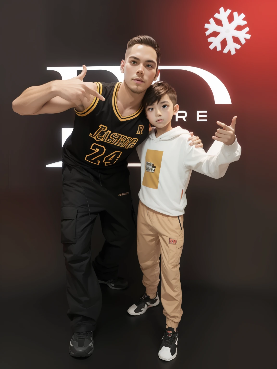 Solid background with red gradient, guy and boy posing, clear photo