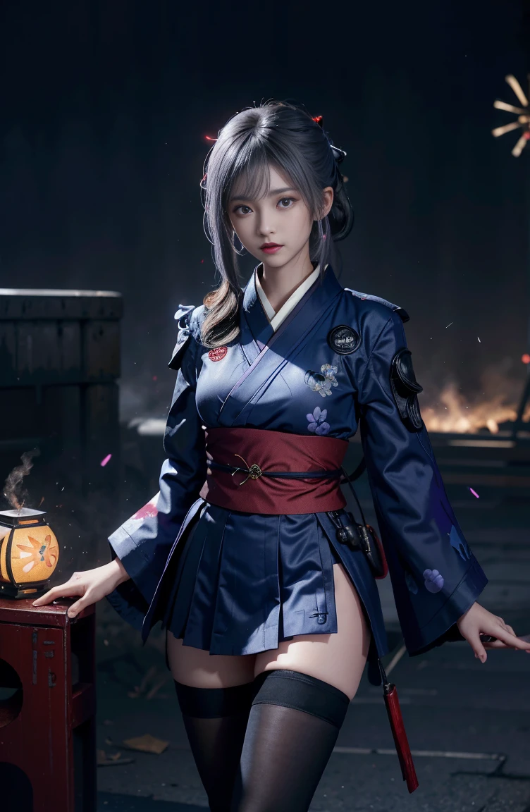 1 girl, kimono, ponytail ,gray hair, purple eyes, magic circle, blue fire, blue flame, wallpaper, landscape, Blood, Blood splatter, Depth of bounds written, night, particles of light, light, side light, thighs, destiny \(series\), genshin impact, ****, open jacket, skirt, Thighhighs, cloud
