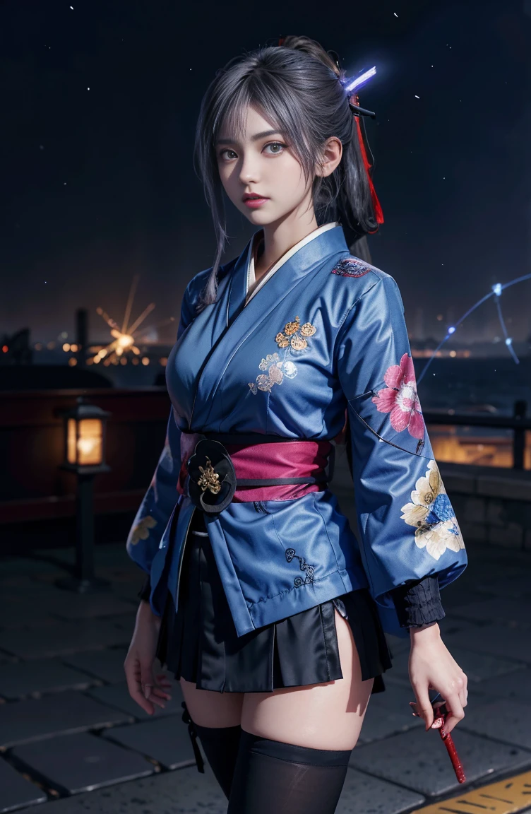 1 girl, kimono, ponytail ,gray hair, purple eyes, magic circle, blue fire, blue flame, wallpaper, landscape, Blood, Blood splatter, Depth of bounds written, night, particles of light, light, side light, thighs, destiny \(series\), genshin impact, ****, open jacket, skirt, Thighhighs, cloud