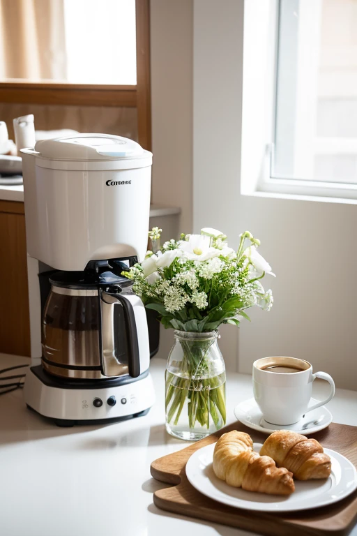 In a white-based kitchen，A white table is placed in front of you.，There is a white coffee machine on the table。A bouquet of bright flowers is placed on the coffee machine，There are a few cookies next to it。There is a cup of coffee on the right side of the coffee machine，There&#39;Croissant next door。Some coffee beans are randomly placed in the photo，Improved sense of space。

Well lit，sharp focus，The picture is delicate and delicate.，Gives a sense of realism and photorealism。This scene is a person々gives peace of mind to、Comfortable and elegant atmosphere，Packed with exquisite details and quality。