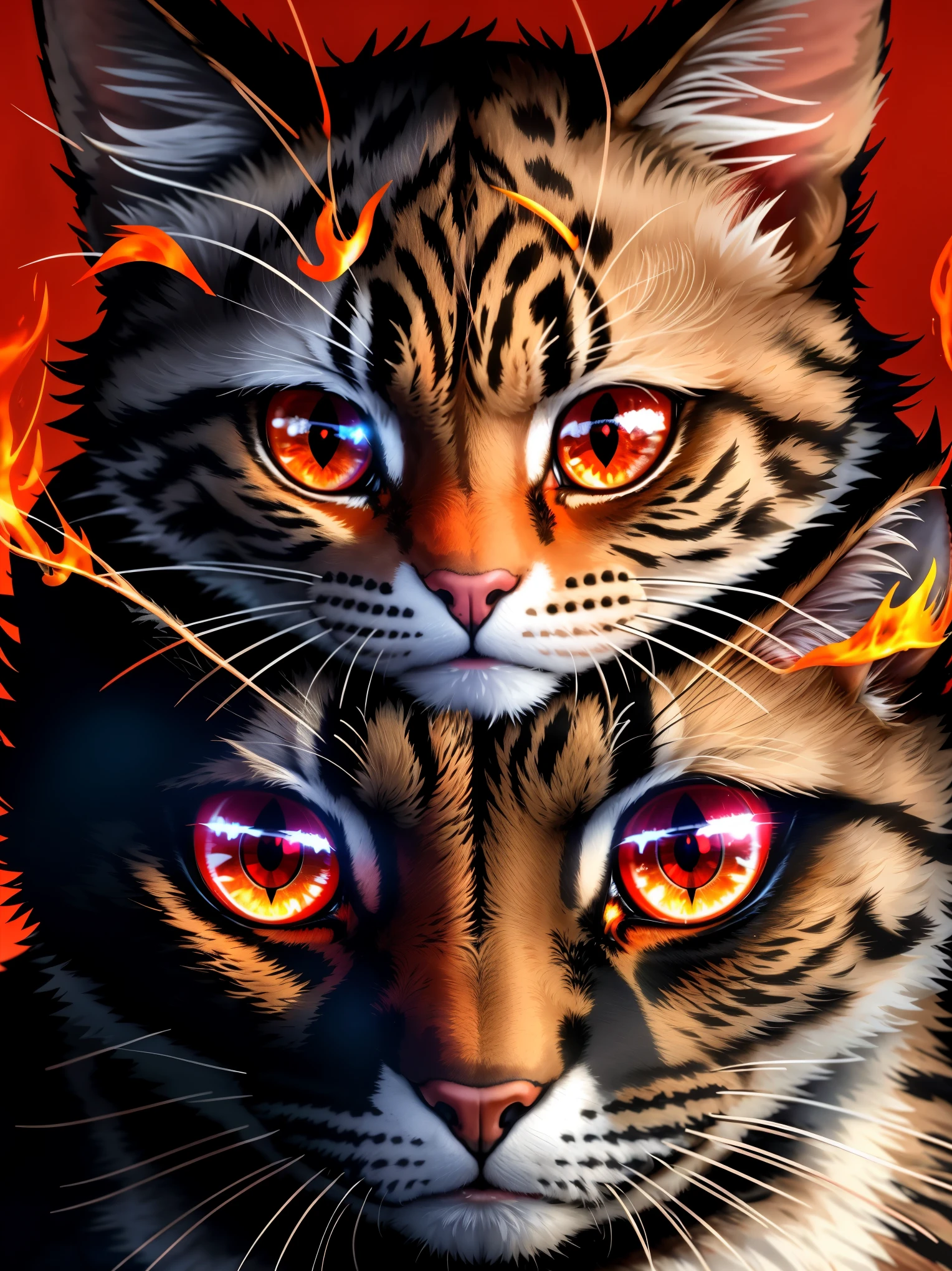 a close up of a cat with glowing eyes and red flames, demon cat, with red glowing eyes, with glowing red eyes, red glowing eyes, glowing red eyes, cat - like scarlet eyes, red eyes glowing, fully red eyes, sharp red eyes, red fire eyes, glowing fiery red eyes, the dark god of cats, with red eyes, bright red eyes