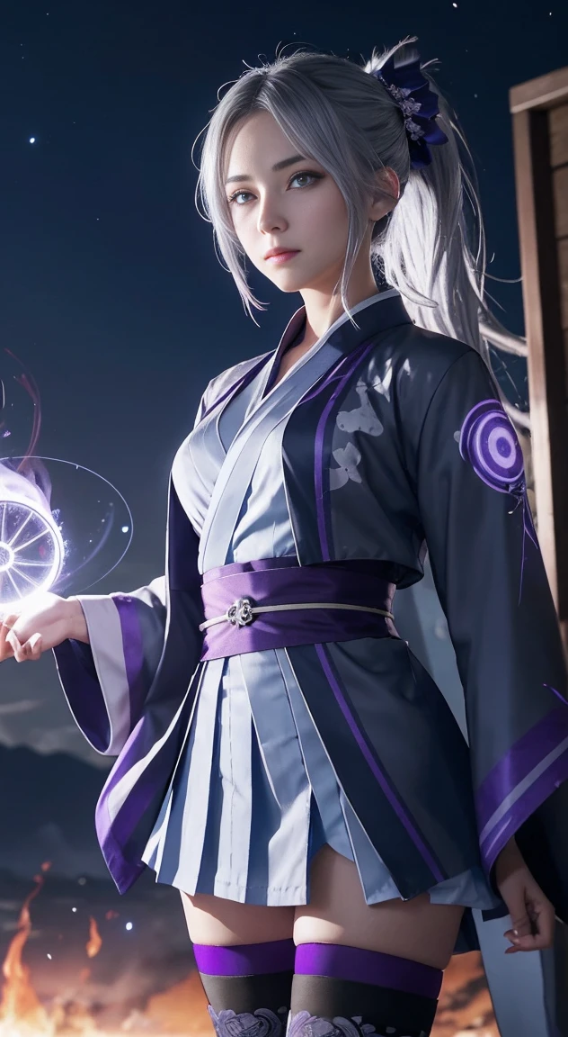 1 girl, kimono, ponytail ,gray hair, purple eyes, magic circle, blue fire, blue flame, wallpaper, landscape, Blood, Blood splatter, Depth of bounds written, night, particles of light, light, side light, thighs, destiny \(series\), genshin impact, ****, open jacket, skirt, Thighhighs, cloud