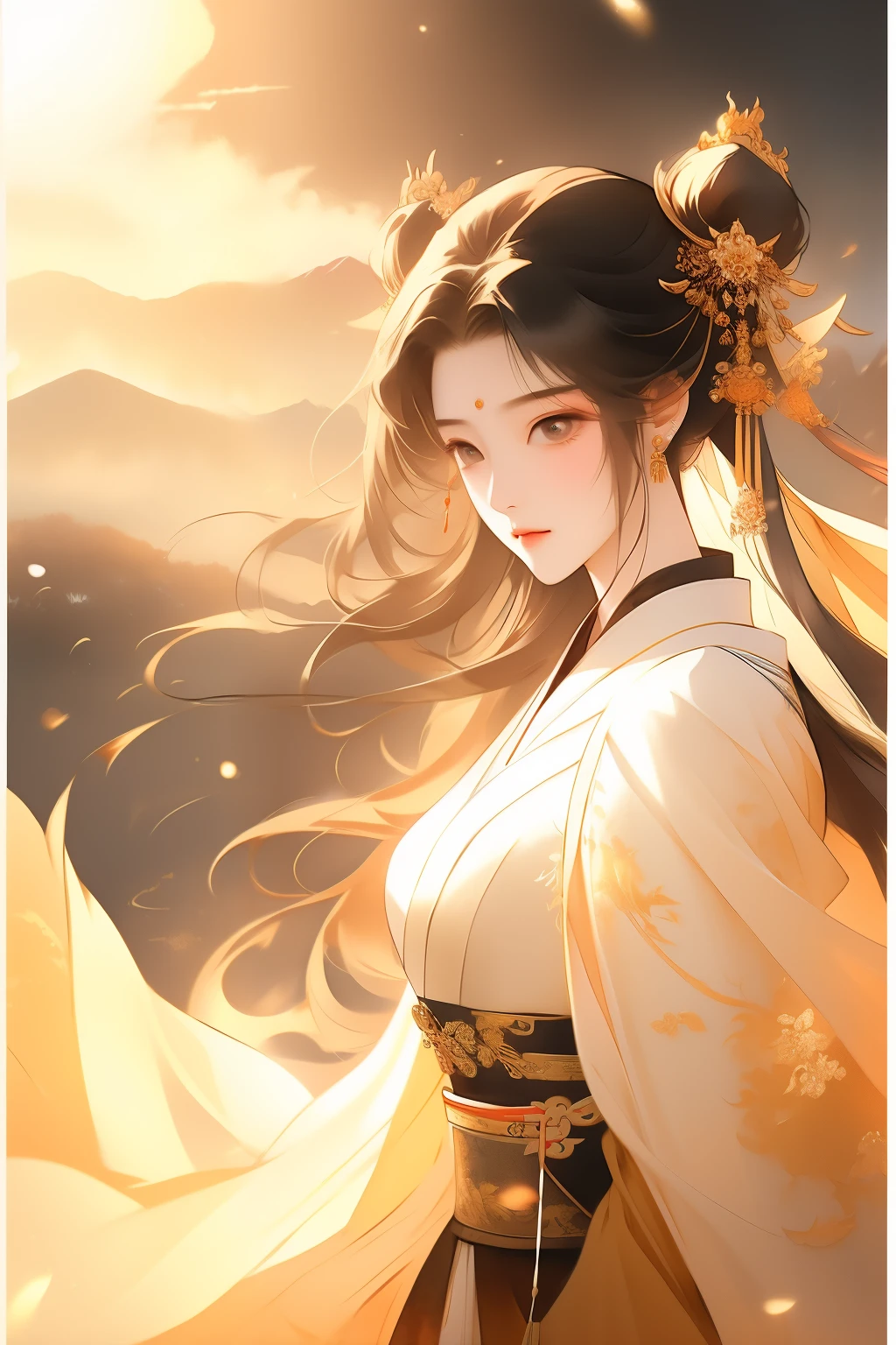 身着红色和金色Hanfu的亚洲女性, Hanfu,hanfu, Chinese style, palace ,穿Hanfu的女孩,, Beautiful rendering of the Tang Dynasty, Chinese beautiful woman, wearing chinese clothes, 复杂华丽的Long silk dress,4k highly detailed digital art, Ethereal stills,hanfu, Queen of China, jingna zhang, palace , station,Chinese Mythology Art,Mountain and sea sutra style,Ink painting blooming,watercolor illustration,Western style woman,beautiful facial features,长长的black hair,Long silk dress,double bun hair,Gilt jewelry decoration,black hair,hair accessories,Super gorgeous details,Warm color aesthetic light source,Burnt blue jade beads,Clouds,ribbon,ribbon,Xuan Chuang,Light painting rendering,blurry and mottled,HD,16k,best quality