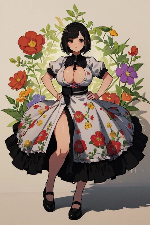 1 girl, ((masterpiece, side light, beautiful eyes: 1.2), Super detailed, ultra high resolution, professional lighting, high quality make up, beautiful detailed eyes), (highest quality:0.8), perfect anime illustrinion, beautiful, flin color background, simple background, whole body , looking for_in_viewer, 一人in, (whole body:1.5), (black hair:1.3), dark brown eyes, (big breasts:1.2), 一人in,Wasachiri, Huasachina, sash, puffy dress, dress, Puffy short sleeves, pantyhose, black shoes, Floral, print dress, put your hands on your hips, handkerchief,tof, (asymmetrical bob cut:1.1),(low length:1.1),(Chubby:1.2),(おinこ:1.2),(boobs for days:1.2),(huge boobs:1.2),(short legs)