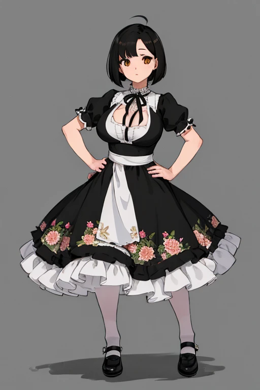 1 girl, ((masterpiece, side light, beautiful eyes: 1.2), Super detailed, ultra high resolution, professional lighting, high quality make up, beautiful detailed eyes), (highest quality:0.8), perfect anime illustrinion, beautiful, flin color background, simple background, whole body , looking for_in_viewer, 一人in, (whole body:1.5), (black hair:1.3), dark brown eyes, (big breasts:1.2), 一人in,Wasachiri, Huasachina, sash, puffy dress, dress, Puffy short sleeves, pantyhose, black shoes, Floral, print dress, put your hands on your hips, handkerchief,tof, (asymmetrical bob cut:1.1),(low length:1.1),(Chubby:1.2),(おinこ:1.2),(boobs for days:1.2),(huge boobs:1.2),(short legs)
