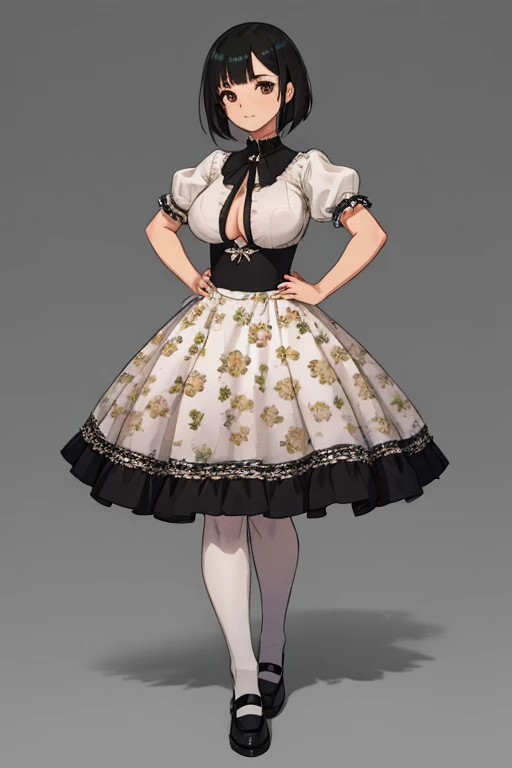 1 girl, ((masterpiece, side light, beautiful eyes: 1.2), Super detailed, ultra high resolution, professional lighting, high quality make up, beautiful detailed eyes), (highest quality:0.8), perfect anime illustrinion, beautiful, flin color background, simple background, whole body , looking for_in_viewer, 一人in, (whole body:1.5), (black hair:1.3), dark brown eyes, (big breasts:1.2), 一人in,Wasachiri, Huasachina, sash, puffy dress, dress, Puffy short sleeves, pantyhose, black shoes, Floral, print dress, put your hands on your hips, handkerchief,tof, (asymmetrical bob cut:1.1),(low length:1.1),(Chubby:1.2),(おinこ:1.2),(boobs for days:1.2),(huge boobs:1.2),(short legs)