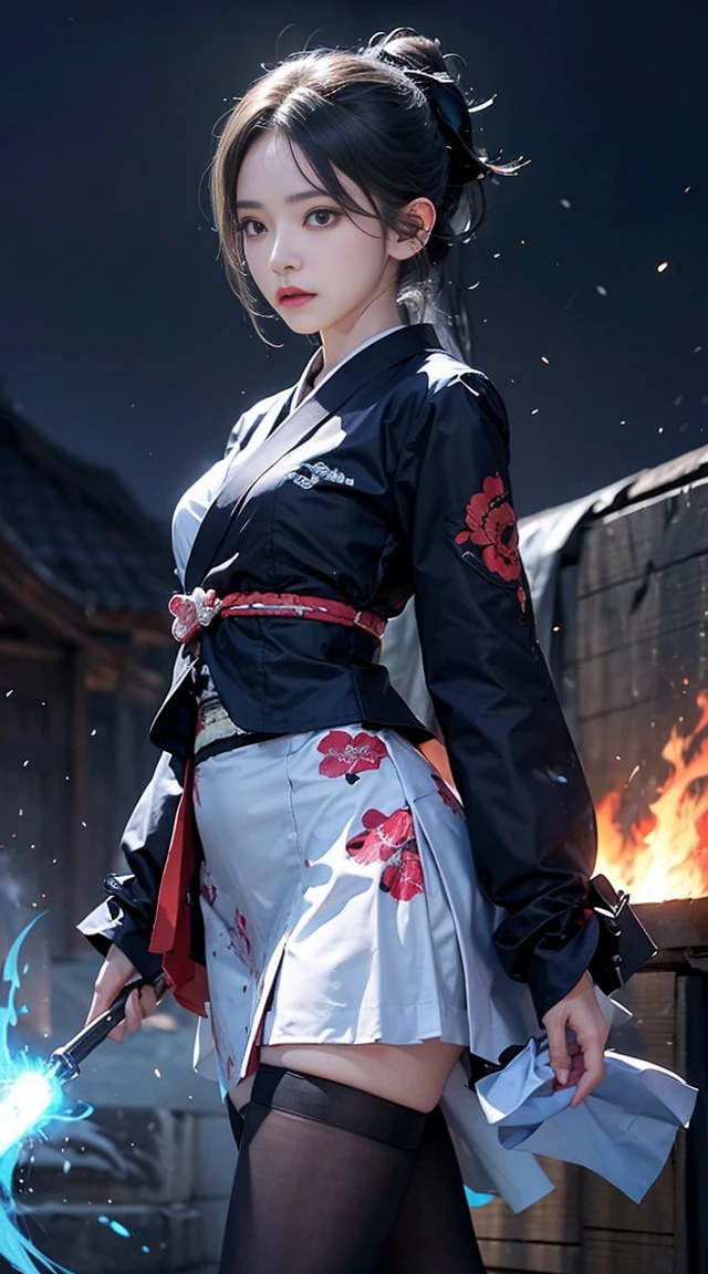 1 girl, kimono, ponytail ,gray hair, purple eyes, magic circle, blue fire, blue flame, wallpaper, landscape, Blood, Blood splatter, Depth of bounds written, night, particles of light, light, side light, thighs, destiny \(series\), genshin impact, ****, open jacket, skirt, Thighhighs, cloud