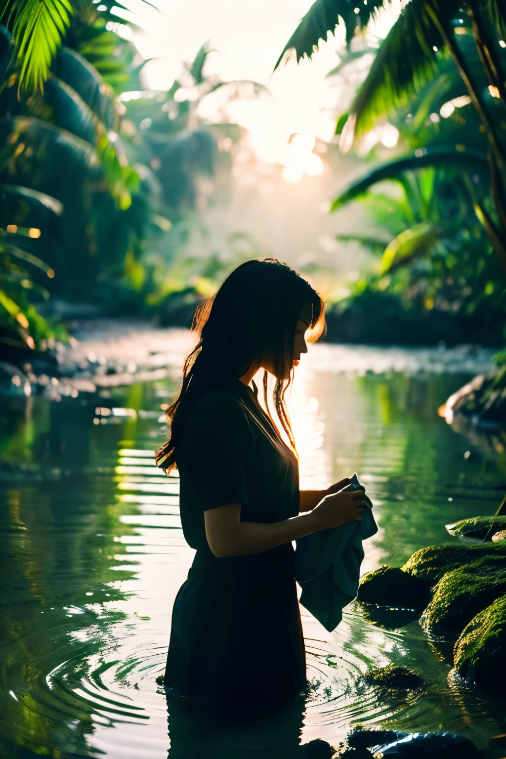 dusk in the jungle A young girl or some kind of androgynous young man is washing her long hair by the water.、The silhouette is dazzling in the sunset、The sound of water washing hair in the silent jungle、Bygone memories、photorealistic、Vibrant yet tranquil