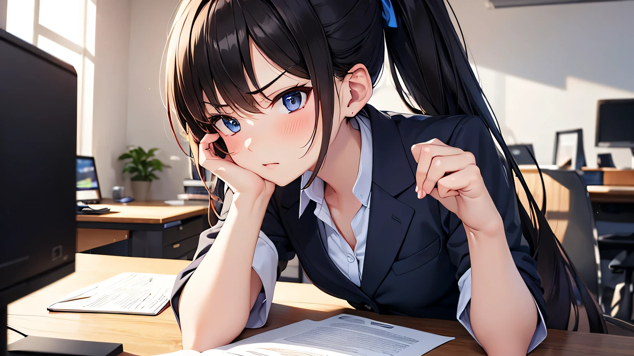 (8K, RAW photo:1.2),detailed face and eyes,最high quality, ultra high resolution, very detailed ,intricate details ,inside the office ,pretty girl , soft light like a movie, hyper detail,sharp focus, high quality,suit,Shirt Formal,ponytail,black hair,Salt compatible,blushing face,high angle,business suit,I was irritated,whole body,anger,unpleasant,one girl,The computer is on the desk,Checking documents