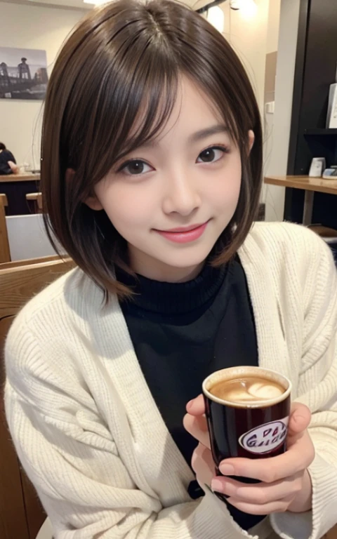 cute 21 year old japanese、Drink coffee in a café、Nice café、super detail face、pay attention to details、double eyelid、beautiful thin nose、sharp focus:1.2、Beautiful woman:1.4、(light brown hair,short hair、),pure white skin、highest quality、masterpiece、ultra high resolution、(Photoreal:1.4)、Highly detailed and professional lighting、nice smile、Show the whole body、cute colorful winter clothes、