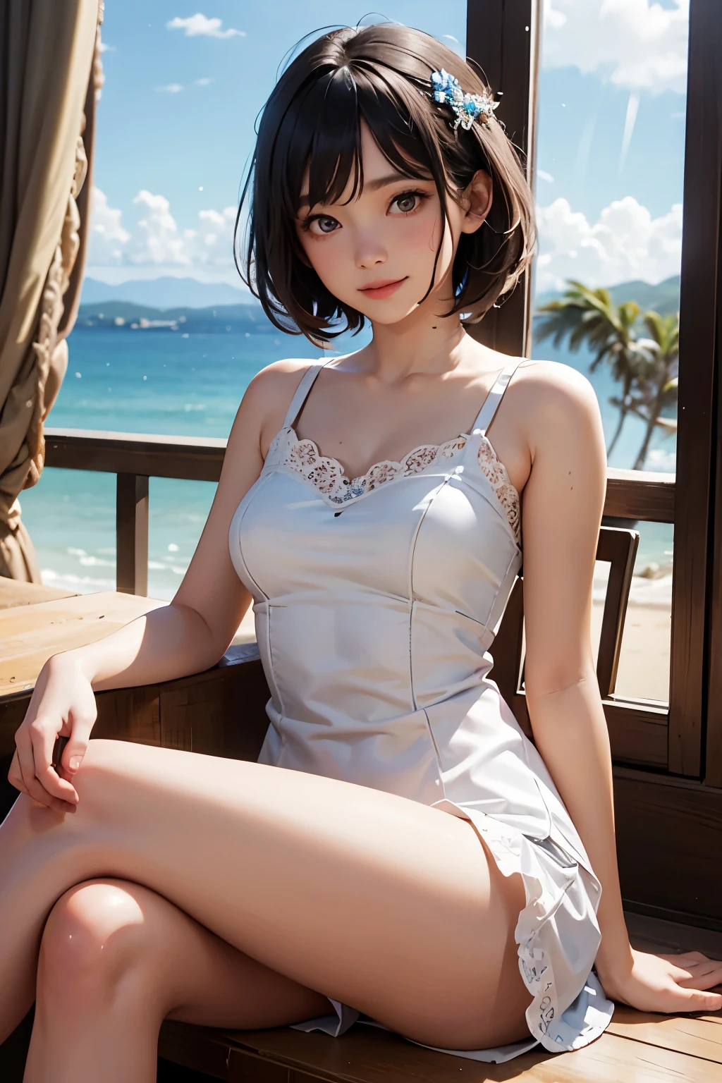 very cute and beautiful girl sitting near window,(frilled floral yellow summer dress with detailed lace),sleeveless,spread legs,white panties, (highly detailed beautiful face and eyes:1.2),antique hotel bedroom with outside view,distant trees and ocean,detailed background, cowboy shot,(smile:1.2),blush,medium hair,black hair,dynamic angle,(best quality,masterpiece:1.2),(intricate details),ultra-detailed, extremely detailed,highres,solo,natural lighting,light particles,beautiful detailed sky,