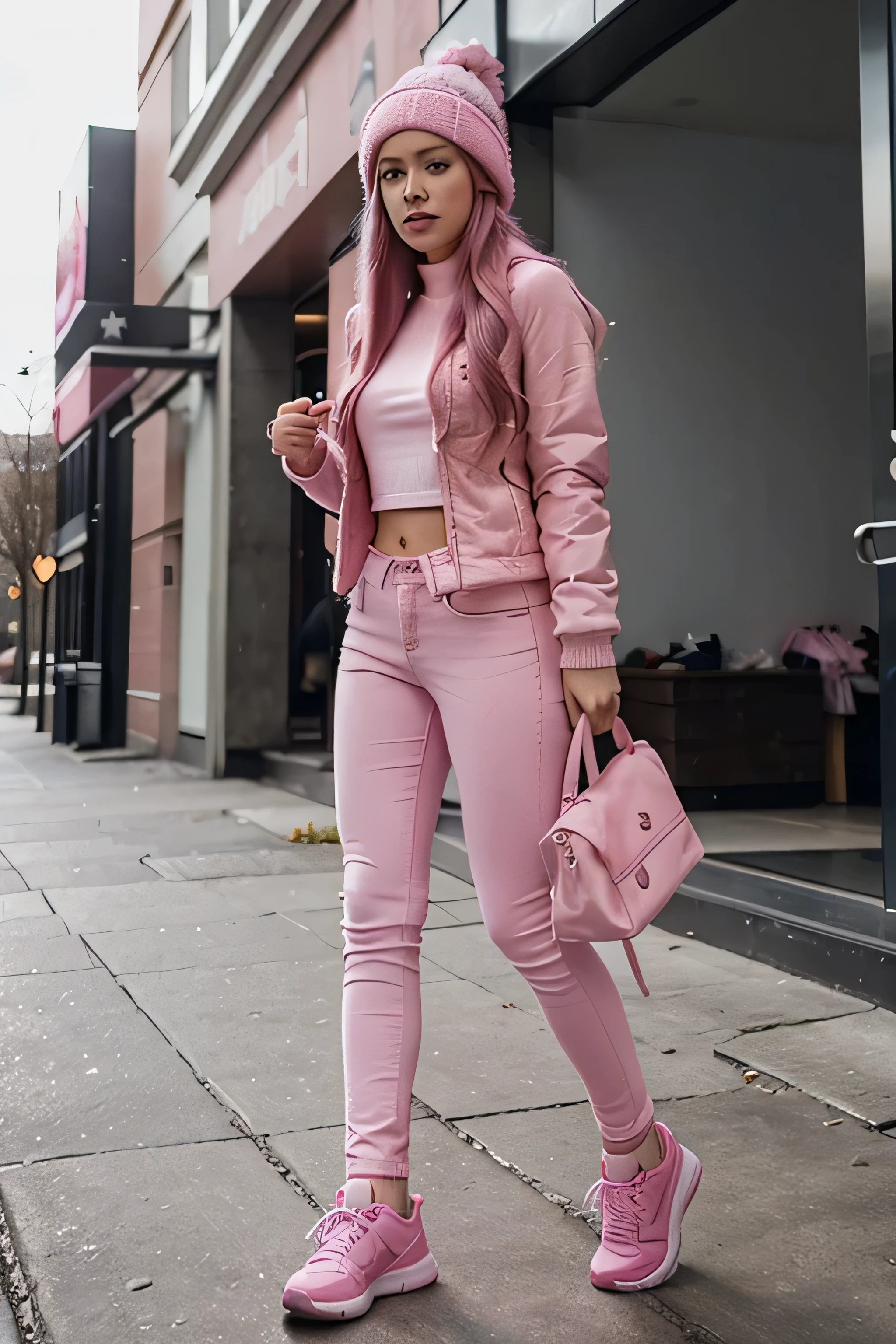long pink hair beautiful girl wearing tight pink jeans pink winter hat and winter jacket , pink sport shoes