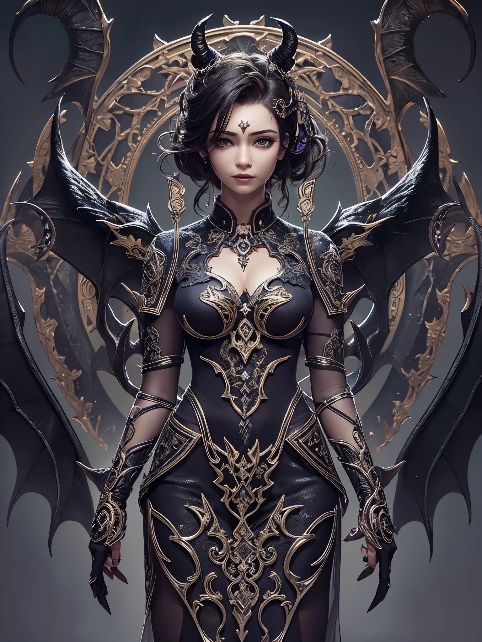 ((highest quality)),(ultra high resolution),(Super detailed),(detailed description),((best CG)),(best work of art),super precision art,great drawing art,(Fantasy art with precise details:1.5), (one female demon:1.6),beautiful and well-shaped face:1.6,clear facial features:1.5,heavy makeup:1.4,jet black hair:1.8,Cleavage of the chest:1.6,A detailed and detailed dress:1.6,Intricate and detailed embroidery:1.7, flickering candle flame:1.6, Skull Mountain:1.6