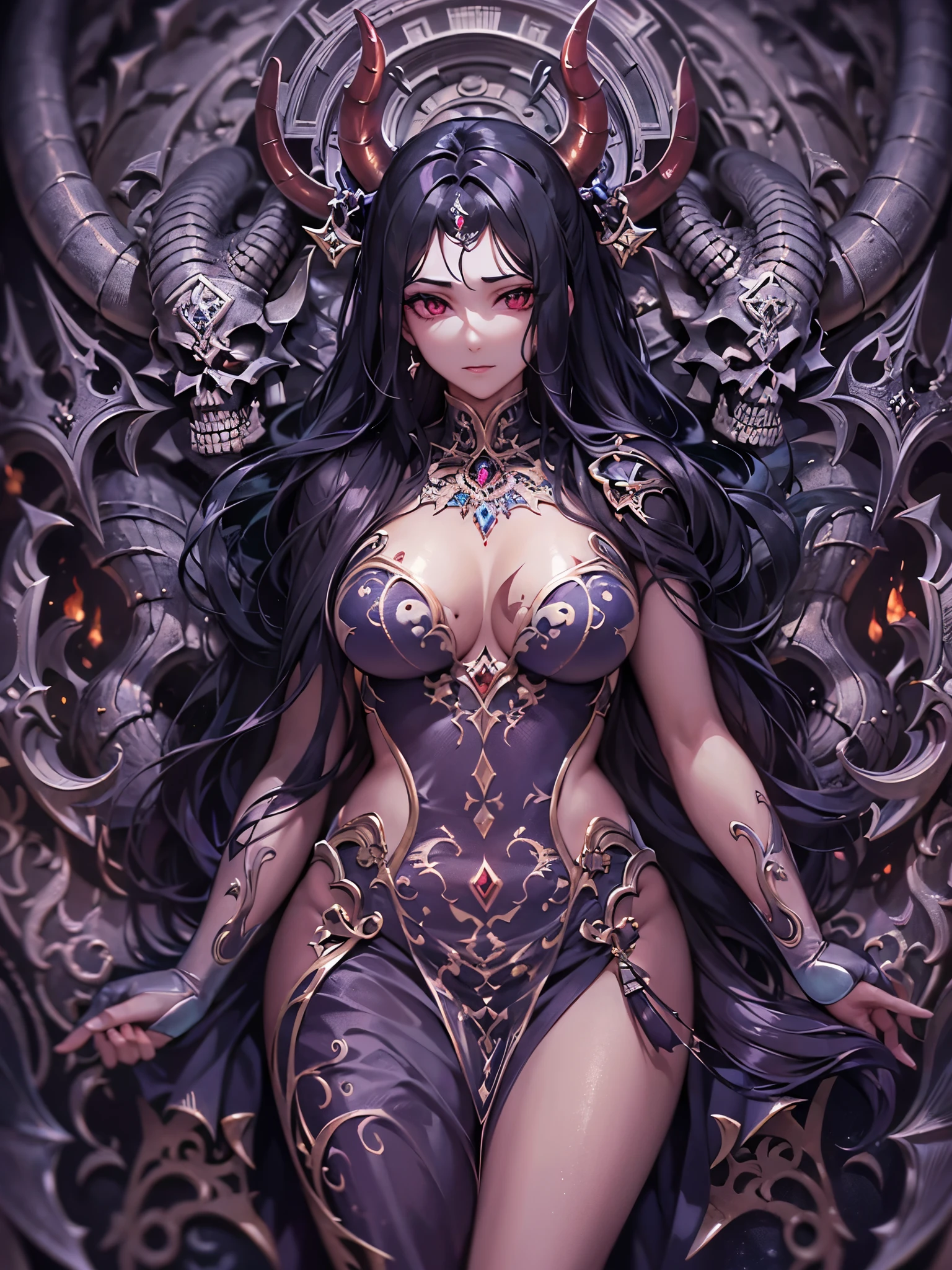 ((highest quality)),(ultra high resolution),(Super detailed),(detailed description),((best CG)),(best work of art),super precision art,great drawing art,(Fantasy art with precise details:1.5), (one female demon:1.6),beautiful and well-shaped face:1.6,clear facial features:1.5,heavy makeup:1.4,jet black hair:1.8,Cleavage of the chest:1.6,A detailed and detailed dress:1.6,Intricate and detailed embroidery:1.7, flickering candle flame:1.6, Skull Mountain:1.6