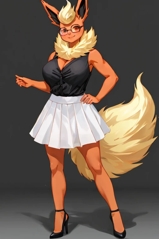 ((Flareon)), anthropomorphic, big boobs, big ass, pokemorph, (((1girl))), (((black sleeveless blouse))), (white skirt), (black low heels), cute and sexy, slender, red skin, long legs, (glasses), smiling