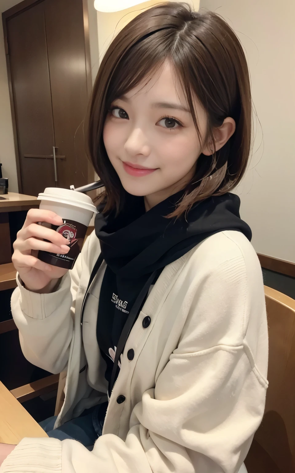 cute 21 year old japanese、Drink coffee in a café、Nice café、super detail face、pay attention to details、double eyelid、beautiful thin nose、sharp focus:1.2、Beautiful woman:1.4、(light brown hair,short hair、),pure white skin、highest quality、masterpiece、ultra high resolution、(Photoreal:1.4)、Highly detailed and professional lighting、nice smile、Show the whole body、cute colorful winter clothes、