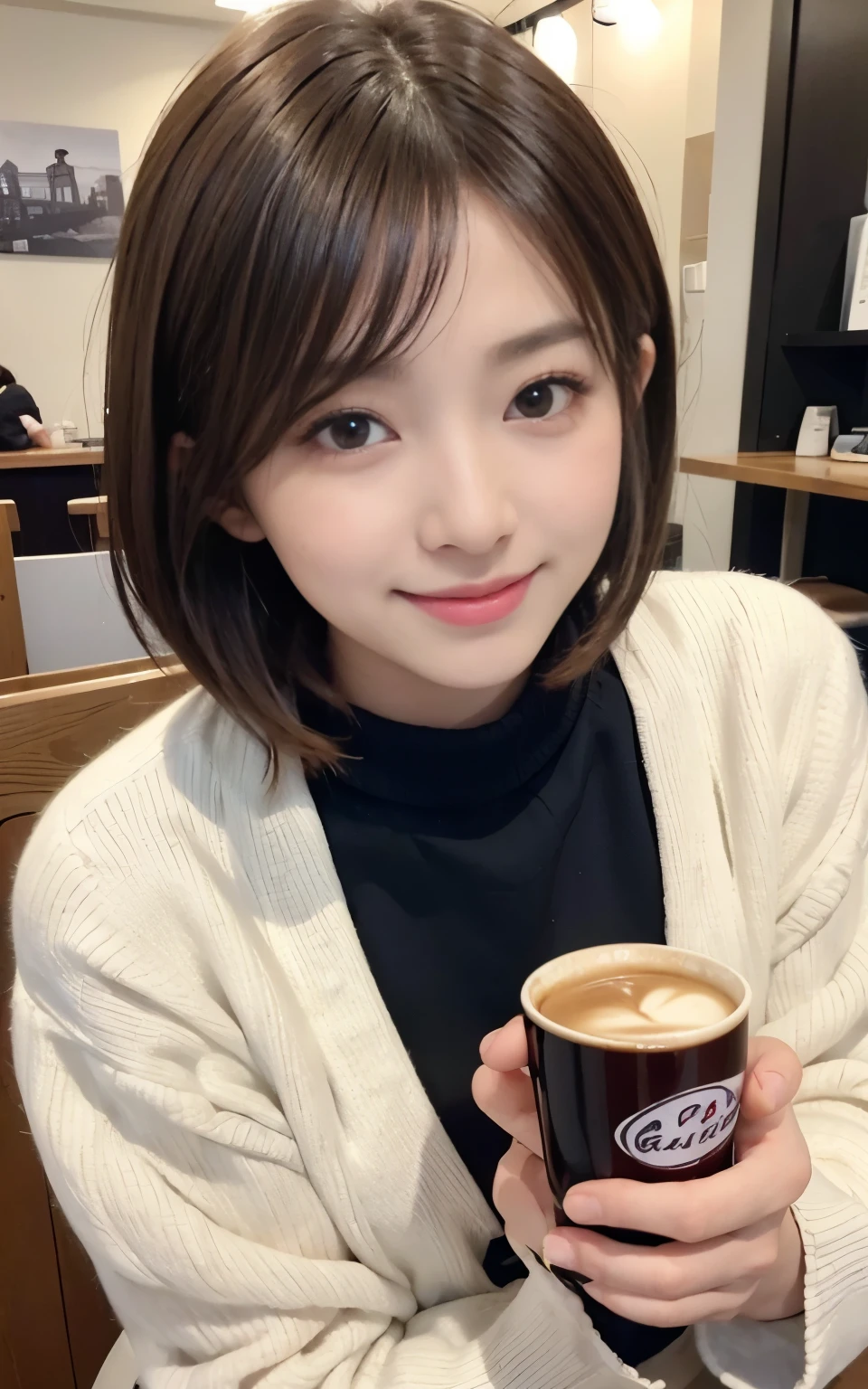 cute 21 year old japanese、Drink coffee in a café、Nice café、super detail face、pay attention to details、double eyelid、beautiful thin nose、sharp focus:1.2、Beautiful woman:1.4、(light brown hair,short hair、),pure white skin、highest quality、masterpiece、ultra high resolution、(Photoreal:1.4)、Highly detailed and professional lighting、nice smile、Show the whole body、cute colorful winter clothes、