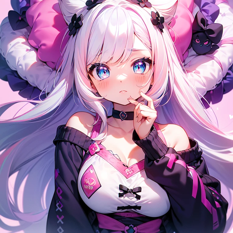 Masterpiece, best quality, emoji pack,emoji sheet, goth bangs, ((blue eyes)), blush,breasts, large breasts, looking at viewer, long hair, (pink,blue,purple,white hair:1.4), black choker, galaxy, goth, cat ears, upper body, virtual youtuber, cat girl,
