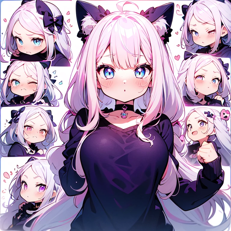 Masterpiece, best quality, emoji pack，emoji sheet,  goth bangs, ((blue eyes)), blush,breasts, large breasts, looking at viewer, long hair, (pink,blue,purple,white hair:1.4), black choker, galaxy, goth, cat ears,  upper body, virtual youtuber,