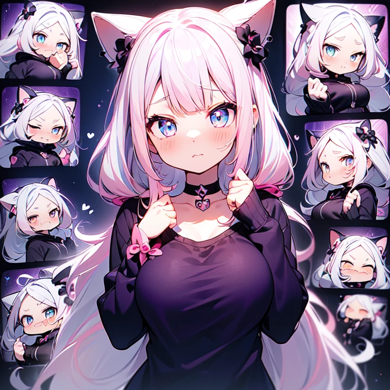 Masterpiece, best quality, emoji pack，emoji sheet,  goth bangs, ((blue eyes)), blush,breasts, large breasts, looking at viewer, long hair, (pink,blue,purple,white hair:1.4), black choker, galaxy, goth, cat ears,  upper body, virtual youtuber,