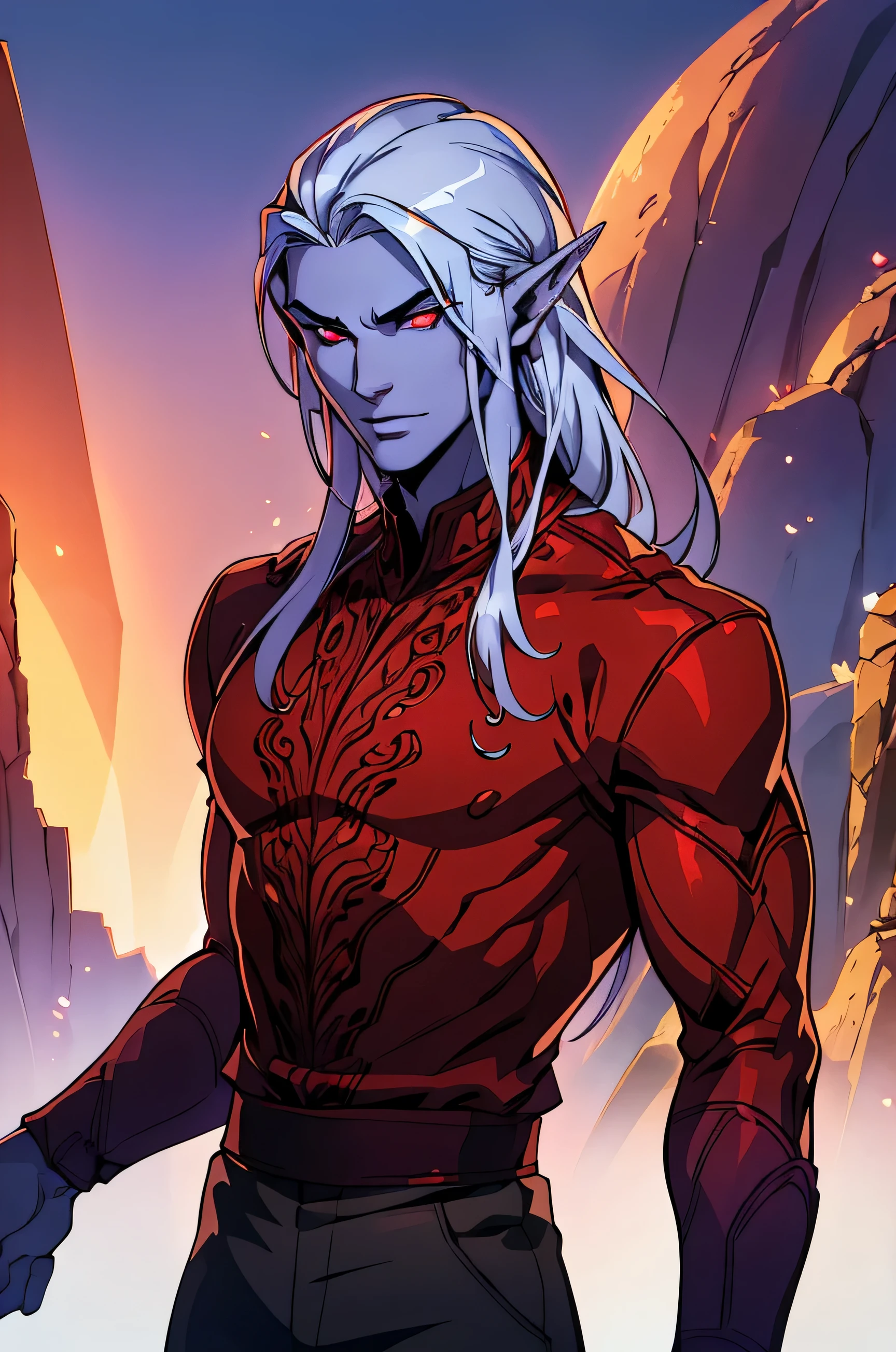 (best quality, highres), tall, muscular, Male, colored skin, purple skin, friendly facial expression, (Silver Hair), (vibrant Red eyes),(expressive eyes), Elf Ears, Drow, very detailed face, Very detailed eyes, (Red shirt),(shirt style: double breasted), (ornate khaki pants), dramatic lighting, epic scenery