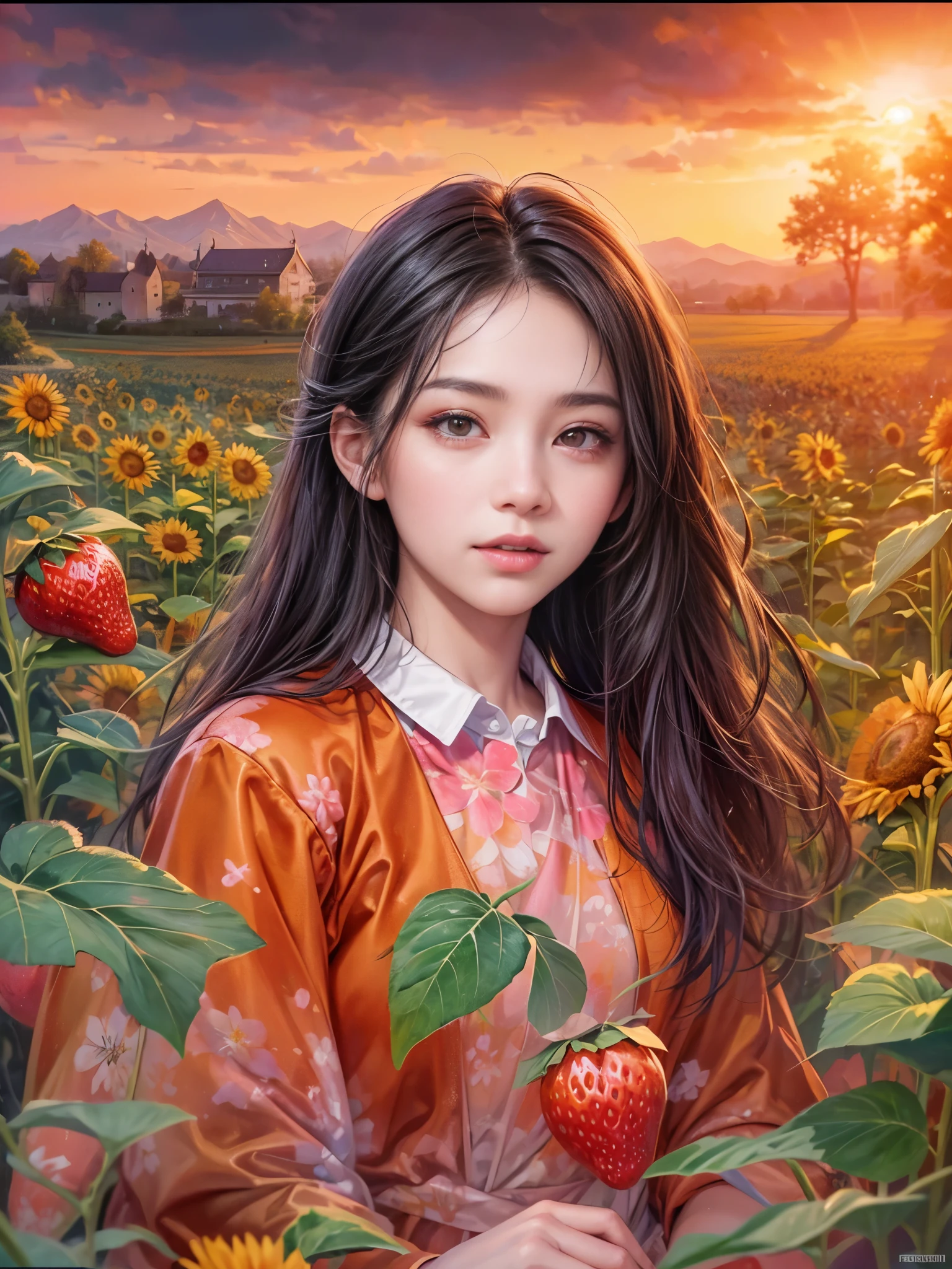 A beauty、sweet、kind chinese country girl,Long black hair and warm brown skin,Wearing a simple red dress,Very nice eyes and face,strawberry mouth,big watery eyes,long eyelashes,Beautiful teeth,Long legs,Perfect slender figure,Standing in a sunflower field at sunset,golden soft light,Beautiful village in the background,A river,A small bridge,mountains in the distance,(best picture quality,4k, 8k,high resolution,masterpiece:1.2),Super detailed,(Realistic,Realism:1.3),HDR,ultra high definition,Studio lighting,Super fine,sharp focus,Physically based rendering,Extremely detailed description,major,bright colors,Bokeh,Portrait photography,Dutch Golden Age,pastel colors,Sunset lights,(floral watercolor painting:1.5),(Super high saturation, bright and vivid colors:1.5), (nsfw), (Look at the audience head-on:1.5)