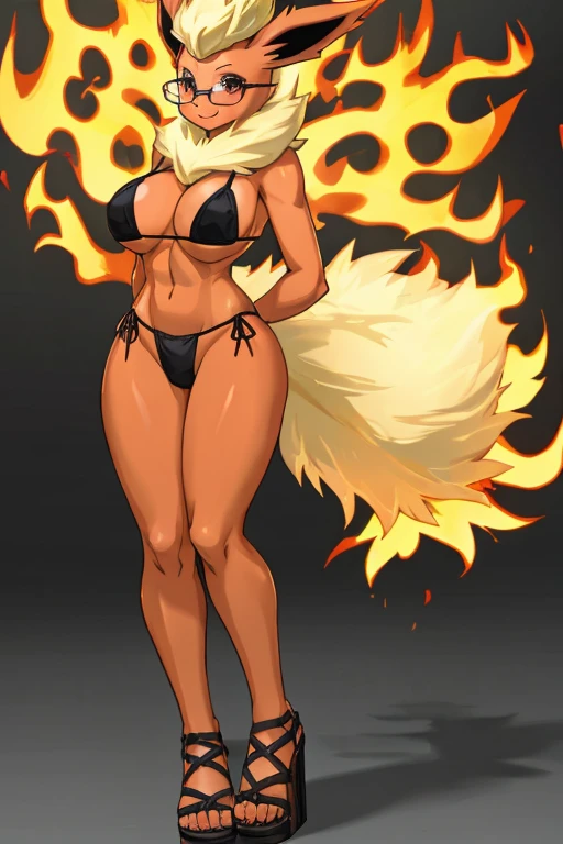 ((Flareon)), anthropomorphic, big boobs, big ass, pokemorph, (((1girl))), (((black fire bikini top))), (black fire bikini bottoms), (black low heel sandals), cute and sexy, slender, red skin, long legs, (glasses), smiling