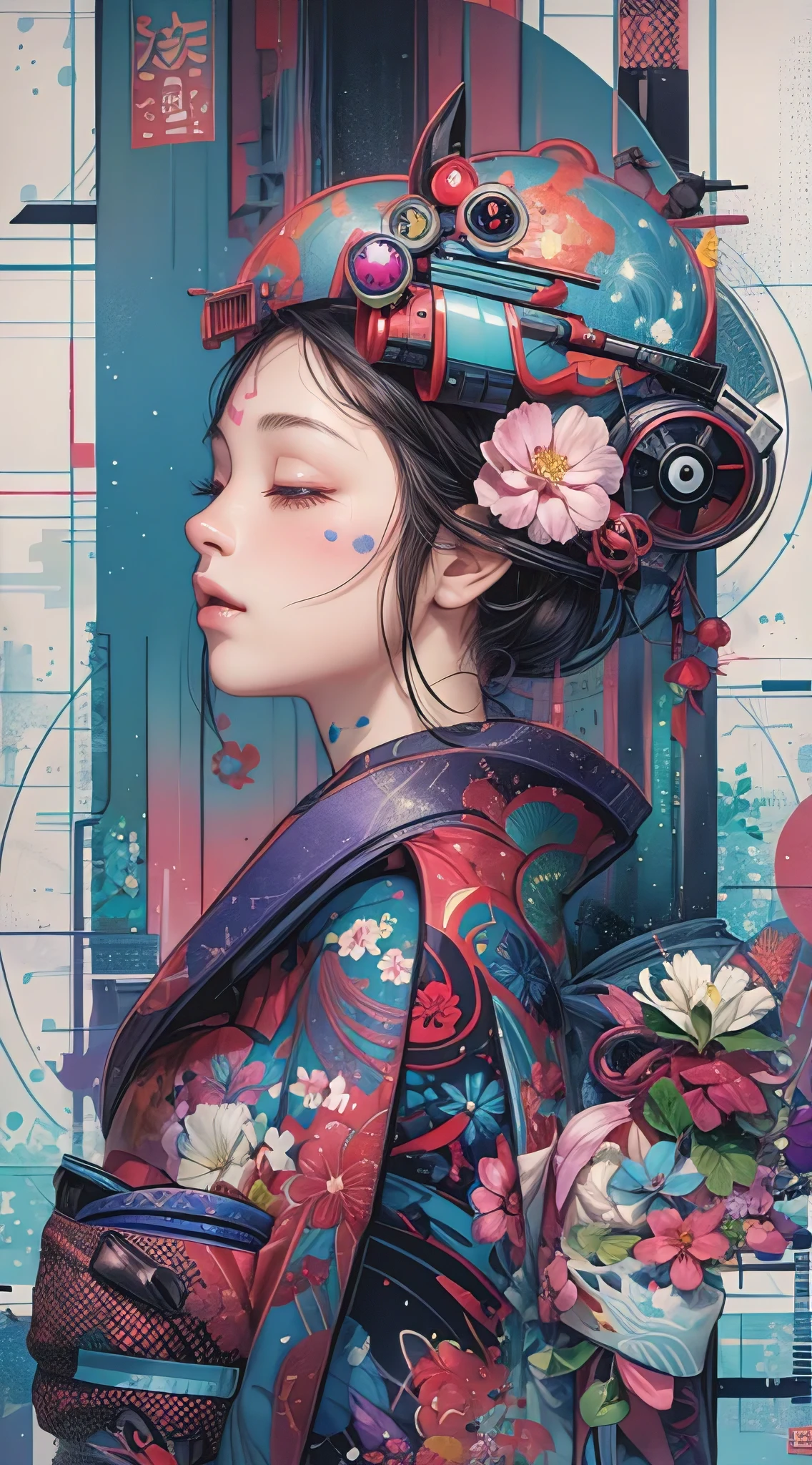 hyperfeminine technogeisha, neotokyo, digital illustration