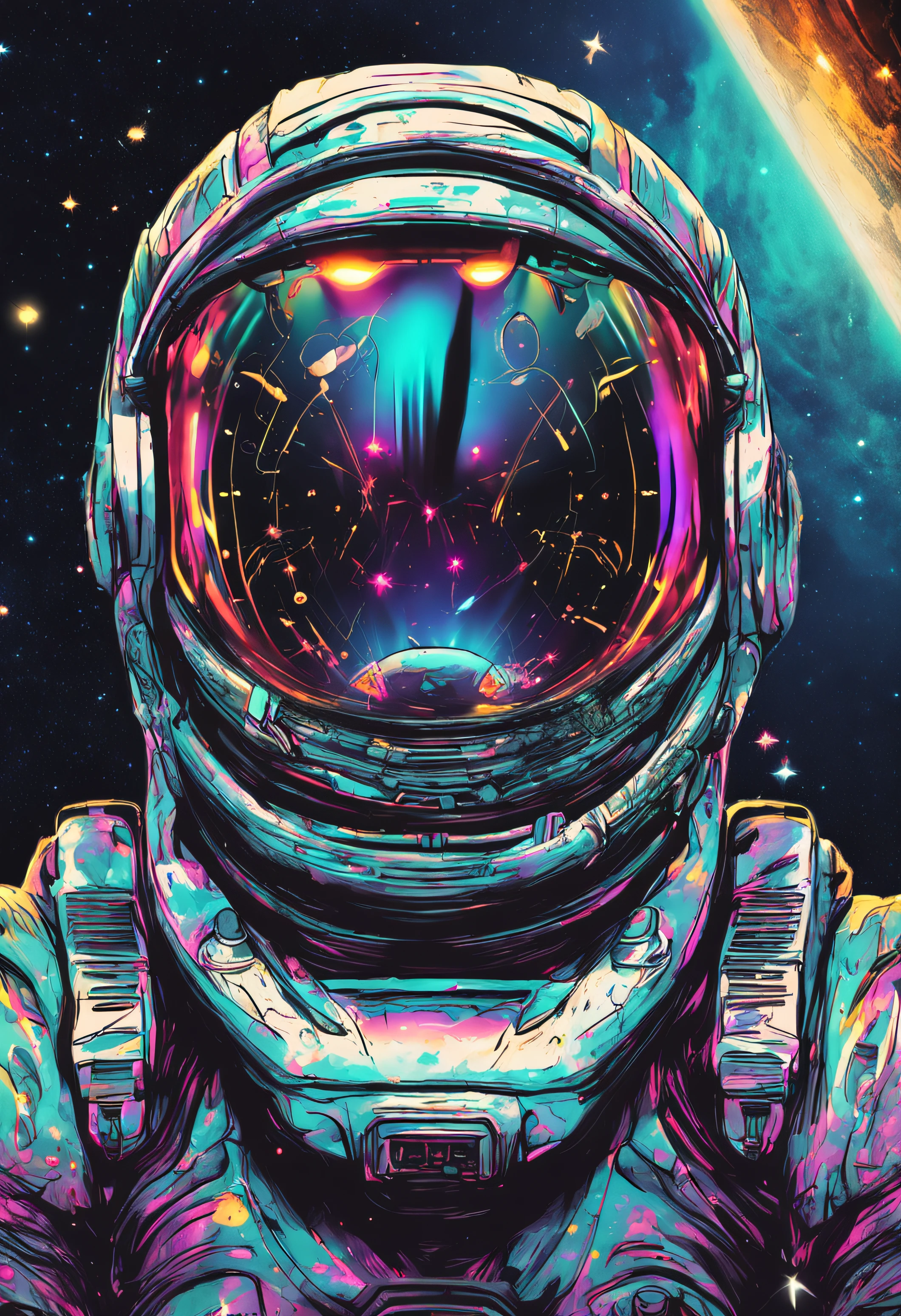 A man in a spacesuit and a glowing head, face melting into the universe, portrait of a cosmic entity, deeper into the metaverse we go, Strange portrait with the Milky Way, galaxy reflected helmet, Galactic entity, Astral appearance, cosmic entity, the encrypted metaverse, galaxy reflected in helmet, A cross-dimensional existence, galactic dmt entity, Portrait of the god of the universe