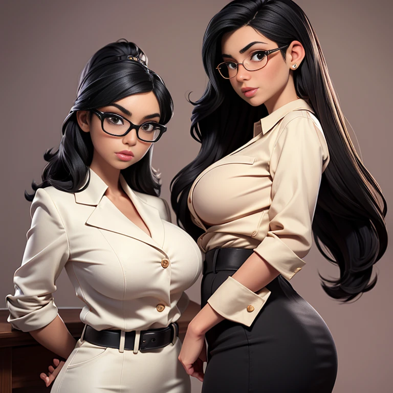Mother and daughter, the mother is a woman in a formal office outfit wearing glasses, she is latin, with tan skin huge boobs, slim, tiny waist, and round ass, she has medium black hair, big eyes, and full lips. The daughter is shorter and a teen, 18 years old, wearing a school uniform, she is also latin with big boobs, slim and a bubble butt , she has long black hair in a ponytail, big eyes and full lips.