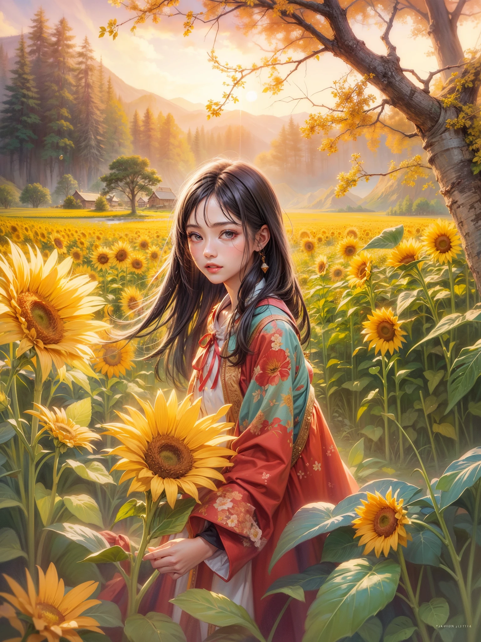 A beauty、sweet、Kind chinese village girl watercolor painting,Long black hair and warm brown skin,Wearing a simple red dress,Very nice eyes and face,big watery eyes,long eyelashes,Beautiful teeth,Long legs,Perfect slender figure,Standing in a sunflower field at sunset,golden soft light,Beautiful village in the background,A river,A small bridge,mountains in the distance,(best picture quality,8k,high resolution,masterpiece:1.2),Super detailed,ultra high definition,Studio lighting,Super fine,Extremely detailed description,major,bright colors,Dutch Golden Age,pastel colors,Sunset lights,(floral watercolor painting:1.5),(Super high saturation, bright and vivid colors:1.5), (nsfw), (Look at the audience head-on:1.5)
