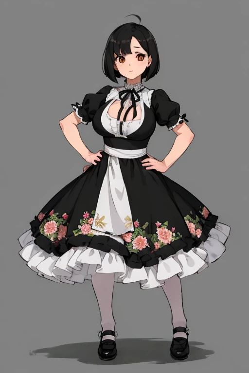 1 girl, ((masterpiece, side light, beautiful eyes: 1.2), Super detailed, ultra high resolution, professional lighting, high quality make up, beautiful detailed eyes), (highest quality:0.8), perfect anime illustrinion, beautiful, flin color background, simple background, whole body , looking for_in_viewer, 一人in, (whole body:1.5), (black hair:1.3), dark brown eyes, (big breasts:1.2), 一人in,Wasachiri, Huasachina, sash, puffy dress, dress, Puffy short sleeves, pantyhose, black shoes, Floral, print dress, put your hands on your hips, handkerchief,tof, (asymmetrical bob cut:1.1),(low length:1.1),(Chubby:1.2),(おinこ:1.2),(boobs for days:1.2),(huge boobs:1.2),(short legs)