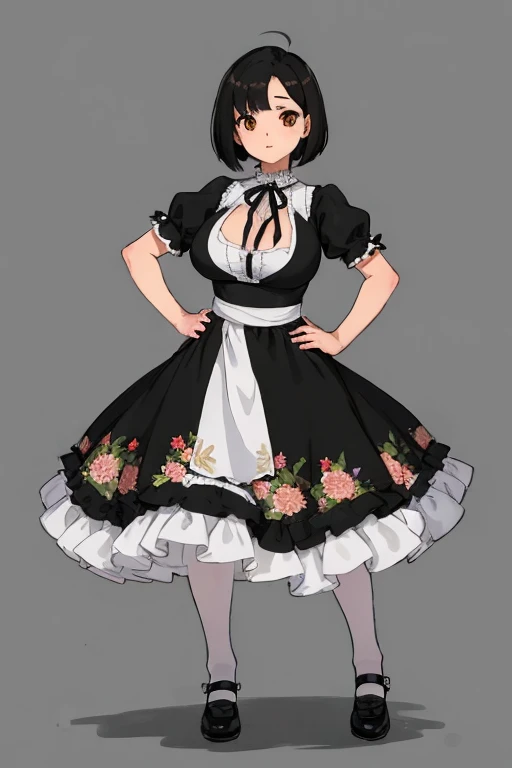 1 girl, ((masterpiece, side light, beautiful eyes: 1.2), Super detailed, ultra high resolution, professional lighting, high quality make up, beautiful detailed eyes), (highest quality:0.8), perfect anime illustrinion, beautiful, flin color background, simple background, whole body , looking for_in_viewer, 一人in, (whole body:1.5), (black hair:1.3), dark brown eyes, (big breasts:1.2), 一人in,Wasachiri, Huasachina, sash, puffy dress, dress, Puffy short sleeves, pantyhose, black shoes, Floral, print dress, put your hands on your hips, handkerchief,tof, (asymmetrical bob cut:1.1),(low length:1.1),(Chubby:1.2),(おinこ:1.2),(boobs for days:1.2),(huge boobs:1.2),(short legs)