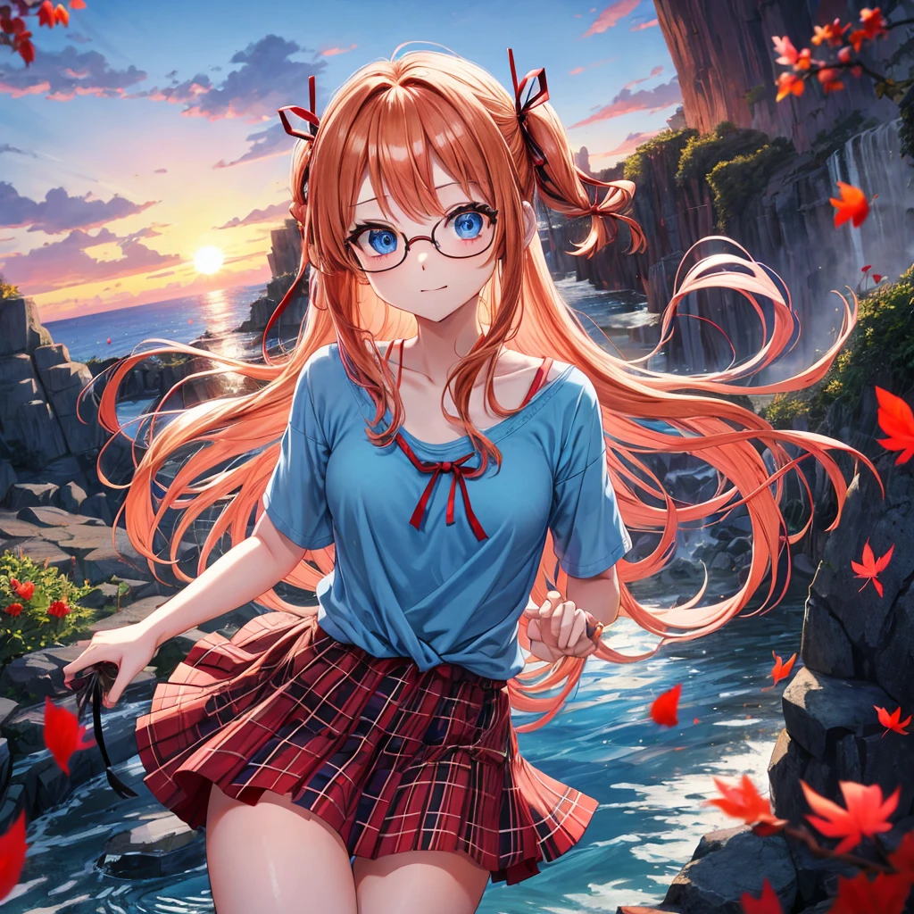 Red-blonde、blue hair、blue eyes、Braid、one good looking girl、solo、anime、Plaid miniskirt、camisole、black t-shirt、Tilting your face、Doing the ribbon、Ribbon at waist、sunset sky、stone stairs、petal、tunnel、Fallen leaves、wearing glasses、waterfall、paper airplane、pushing a pink bicycle