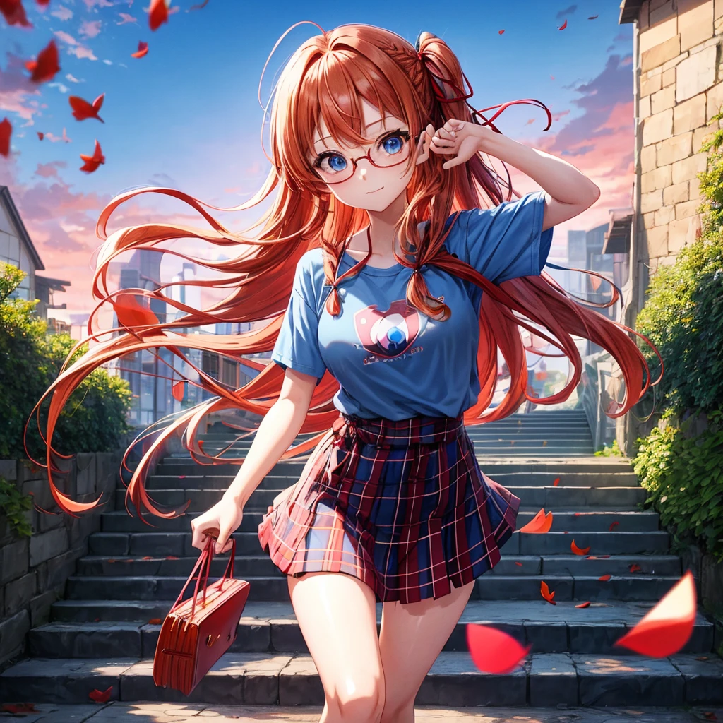 Red-blonde、blue hair、blue eyes、Braid、one good looking girl、solo、anime、Plaid miniskirt、camisole、black t-shirt、Tilting your face、Doing the ribbon、Ribbon at waist、sunset sky、stone stairs、petal、tunnel、Fallen leaves、wearing glasses、waterfall、paper airplane、pushing a pink bicycle