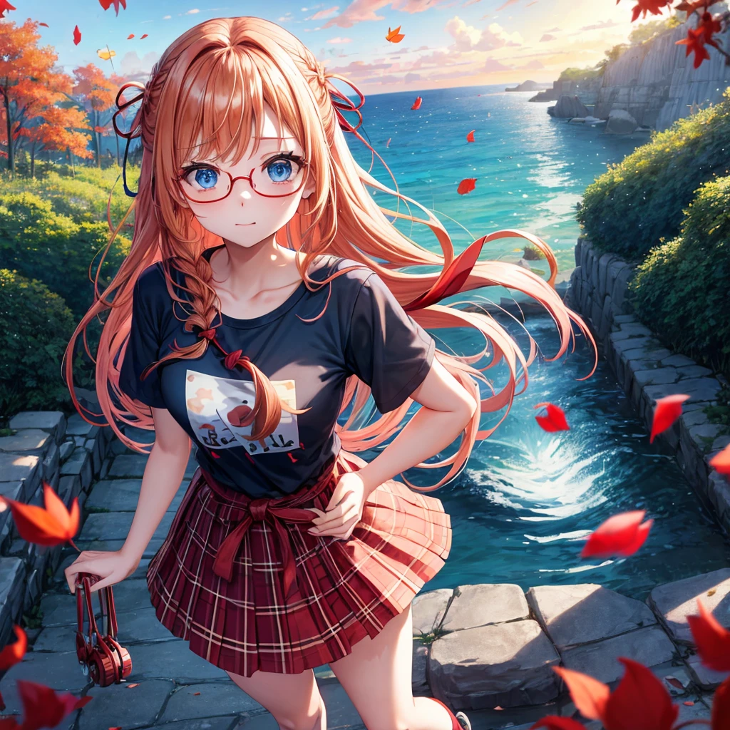 Red-blonde、blue hair、blue eyes、Braid、one good looking girl、solo、anime、Plaid miniskirt、camisole、black t-shirt、Tilting your face、Doing the ribbon、Ribbon at waist、sunset sky、stone stairs、petal、tunnel、Fallen leaves、wearing glasses、waterfall、paper airplane、pushing a pink bicycle