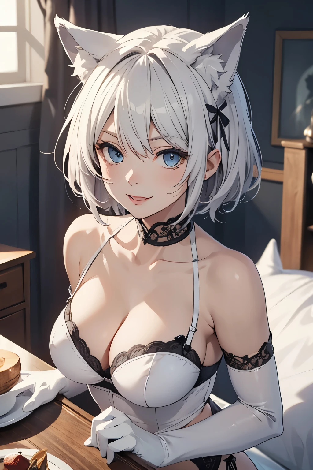 table top High level image quality best image quality 8K lady(I) portrait white long gloves white stockings lingerie((Tube top)blanche)) wolf ears short hair((shortcut)(gray hair)(perm)(fluffy)) eye color is blue smile(lure) background(Bedroom) covering breasts with hands