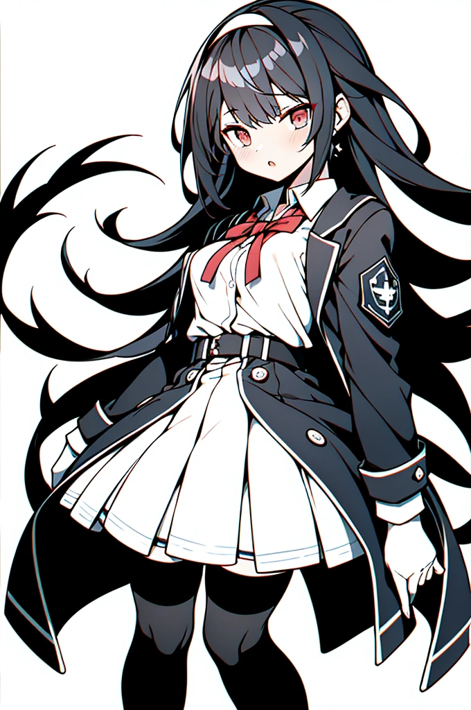 female arbiter vildred, 1 girl, detailed face, beautiful face, black long hair, sharp eyes, red eyes, killer stare, deep starring, white tuxedo, killer smile, full body, perfect body, sexy, perfect anatomy, slim waist, dynamic pose, looking to viewer, 8k, UHD, Masterpiece