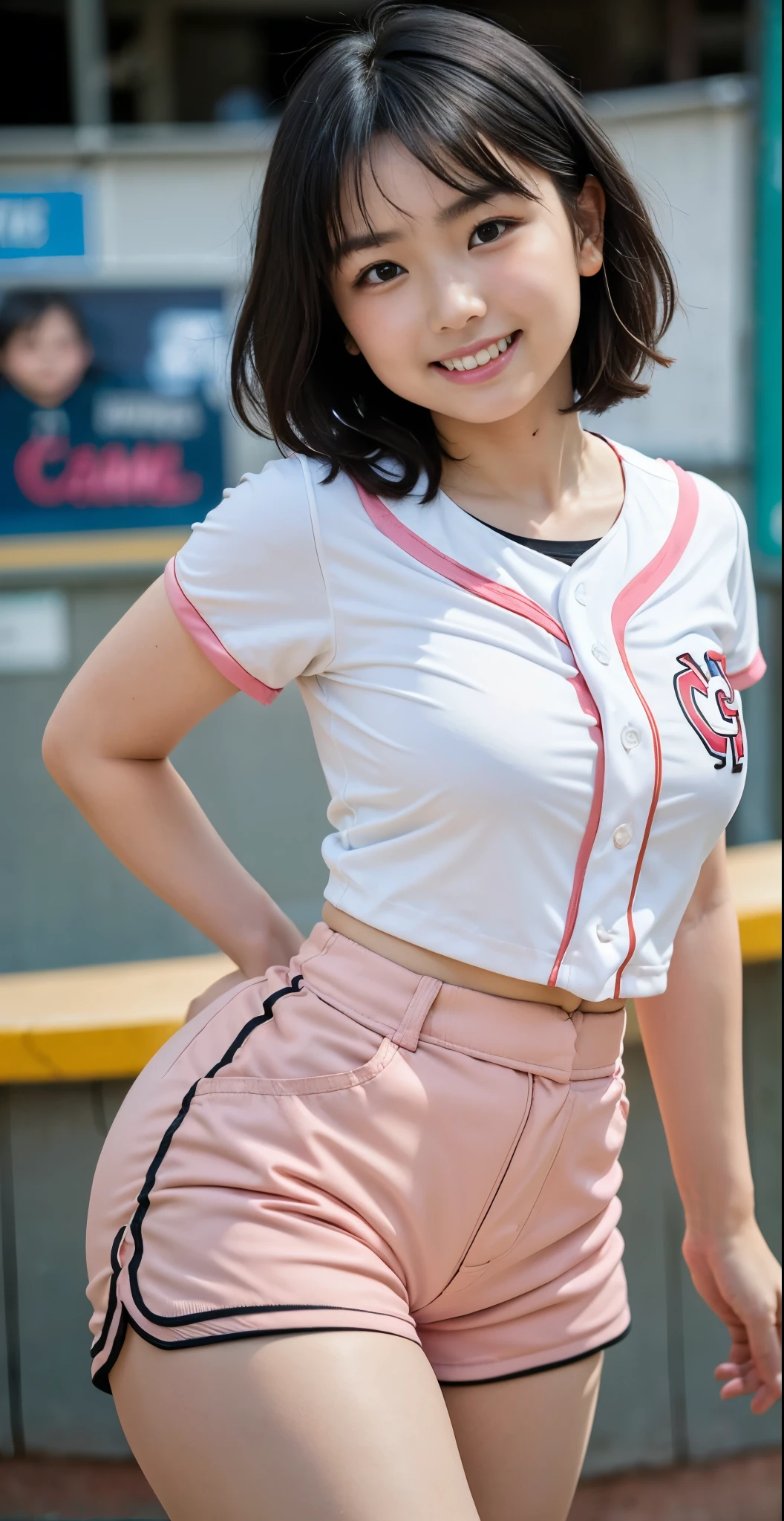 (8k、Raw photography、highest quality、masterpiece:1.2),(black haired、very short hair:2.0),view viewer,Looking at the front,erotic,white skin,(wearing a pink and white baseball uniform:1.6)、(Clothing that emphasizes the shape of your chest、Exposing the skin:1.5)、(big boobs:1.3)、slim body shape、ultra high resolution,beautiful,beautiful fece,(alone, solo、no background:1.9),whole bodyボディー,japanese woman,(Photoreal:1.37)、photon mapping,reality、(Cute with a : 1.1)、(cute smile: 1.7)、(With a round face: 1.8)、radio city、Physically based rendering、depth of field rally background、photograph, (I can see your knees,close up of thighs、shorts too short、camel toe:1.5),whole body、super fine