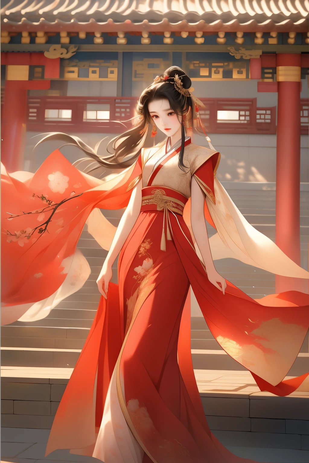 身着红色和金色Hanfu的亚洲女性, station在桃花树下,Hanfu,hanfu, Chinese style, palace ,穿Hanfu的女孩,, Beautiful rendering of the Tang Dynasty, Chinese beautiful woman, wearing chinese clothes, 复杂华丽的Long silk dress,4k highly detailed digital art, Ethereal stills,hanfu, Queen of China, jingna zhang, palace , station,Chinese Mythology Art,Mountain and sea sutra style,Ink painting blooming,watercolor illustration,Western style woman,beautiful facial features,长长的black hair,Long silk dress,double bun hair,Gilt jewelry decoration,black hair,hair accessories,Super gorgeous details,Warm color aesthetic light source,Burnt blue jade beads,Clouds,ribbon,ribbon,vermilion courtyard wall,Golden glazed tiles,Xuan Chuang,Light painting rendering,blurry and mottled,HD,16k,best quality