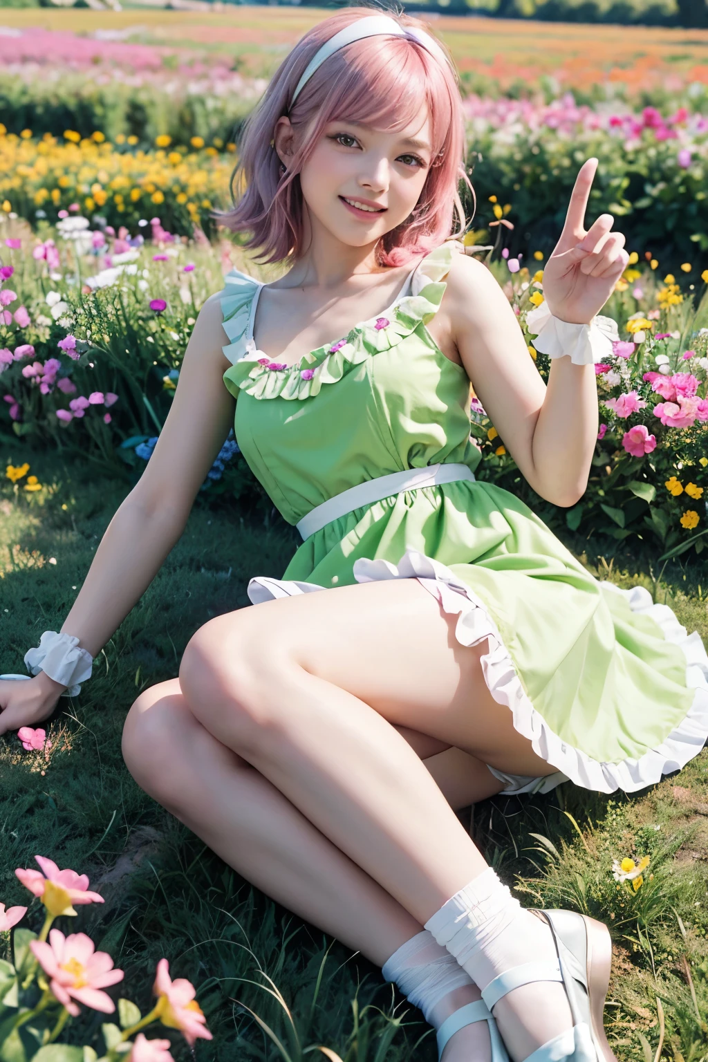 (8K, top-quality, masterpiece:1,2), (reallistic, Photorealsitic:1.37), Super Detail, One girl,), (Highly detailed), (beautifully detailed eyes), (of the highest quality), (super detailed ), (masterpiece), (Detailed face),20yr old, ,1 girl, full body, ((pink hair,Very short hair)), medium breasts, clothed, Perfect Lighting, looking at viewer, aroused face, naughty face, (orange and green frilly sleeveless dress:1.3), white ribbon on chest, white lace on hem, A-line silhouette, big ribbon on back, white knee socks, (green ballet shoes:1.2), white hairband, orange earrings, upper body only, pink long curly hair, white hairband, green eyes, smiling, showing teeth, pink cheeks, right hand holding up dress hem, left hand making peace sign, in a flower field, colorful flowers, blue sky, white clouds, sun on the right top, bright light on the right side, slight shadow on the left side, reflection light from flowers, shiny eyes, hair and dress