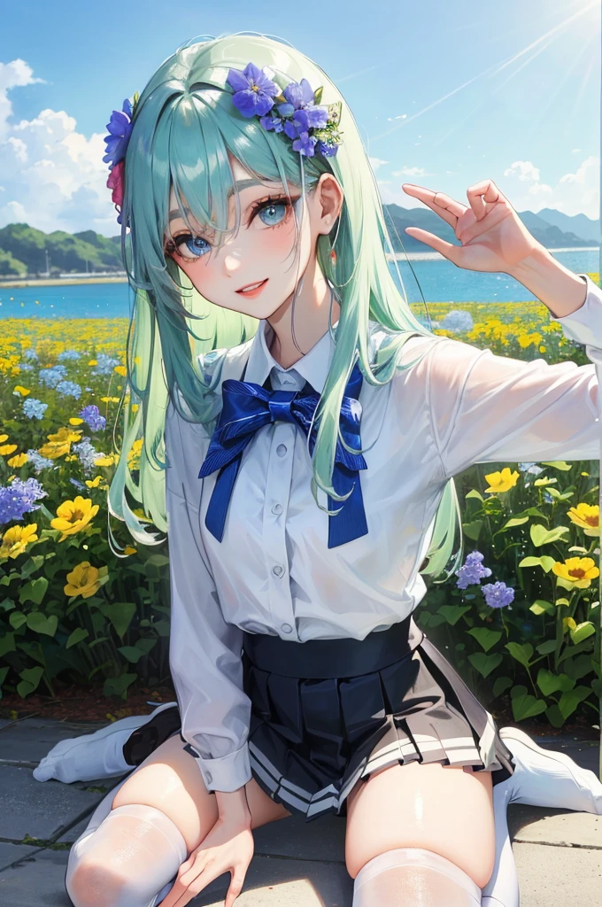 Official art, masterpiece, ultra detailed、Best quality、a high resolution、Sharp Focus, (beautiful, Gorgeous, cute korean:1.3), (beautiful cute korean:1.3), Korean beauty, Delicate beautiful hair, Eyes & Face, Realistic, Beautiful girls, Glowing white particles, (Sidelight:1.2), sunlight、Nemophile、Blue flower、Fields of flowers、surrounded by flowers、Sat、 Slim, beautiful грудь и большие ягодицы, Show your teeth and smile, ((Smile with your eyes, open both eyes)), Long straight hair、sexy facial expression、dynamic hair、Long straight hair、detailed platinum mint green hair、glowing blue eyes、(Blue Pleated Shirt + white skirt)、white long socks、White skin、hair ornament、look at