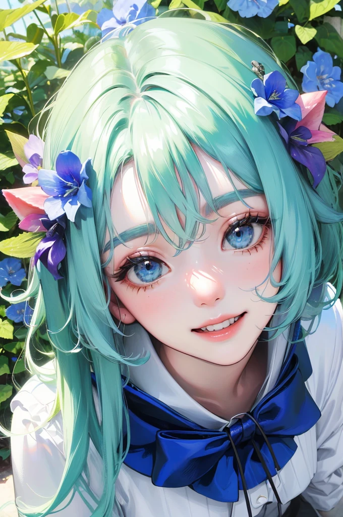 Official art, masterpiece, ultra detailed、Best quality、a high resolution、Sharp Focus, (beautiful, Gorgeous, cute korean:1.3), (beautiful cute korean:1.3), Korean beauty, Delicate beautiful hair, Eyes & Face, Realistic, Beautiful girls, Glowing white particles, (Sidelight:1.2), sunlight、Nemophile、Blue flower、Fields of flowers、surrounded by flowers、Sat、 Slim, beautiful грудь и большие ягодицы, Show your teeth and smile, ((Smile with your eyes, open both eyes)), Long straight hair、sexy facial expression、dynamic hair、Long straight hair、detailed platinum mint green hair、glowing blue eyes、(Blue Pleated Shirt + white skirt)、white long socks、White skin、hair ornament、look at